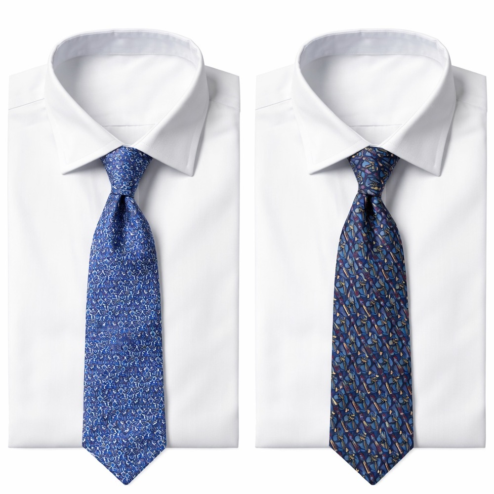 Two Ties 2 Widths 100% Silk in Patterned Blue Tones
